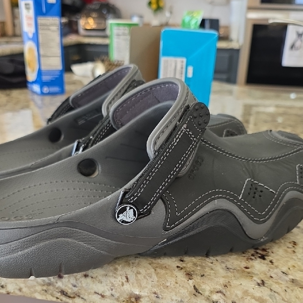 CROCS Swiftwater Leather Mens Black and Gray Sandals Size 13 - Picture 10 of 10